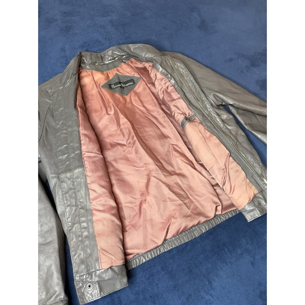 Vtg Bruno Giovanni Gray Leather Bomber Jacket Sz 38 Pink Polyester Lining